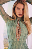 Mint Green Stripe,  Bodycon Hollow Out Asymmetrical Neck Rope Dress 60