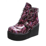 Ankle High, Platform Wedges PU Leather Boots with 3 Buckle Straps 34