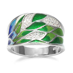 Unique Silver Color Elegant Handmade Enamel inlay Green & Blue Bamboo Leaves With Cubic Zirconia  Ring R19