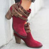 Ankle Strap High Heeled, Zipper Closure Flock Boots with Belt Buckle Strap & Intertwined Ropes 26