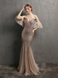 Ruffled Near Elbow, Sexy Sequined Long Evening Dress  91