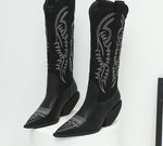 Pointed Toe, Thick Heel, High Tube, PU Leather Embroidered Boots 77