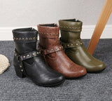 Ankle High, Vintage Block Heels Short PU Leather Boots with Zipper with Rivets 33