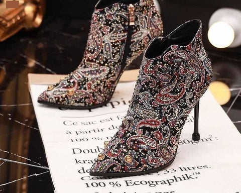 Printed Unique Pattern Design Ankle High, High Thin Heels Boots with Rivet Decorations 55