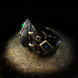 Exaggerated Geometric Black Ring with Green and Blue Cubic Zirconia R69