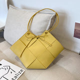 (41) Fashion Large Capacity Geometric Shaped Paneled Weave Tote Bags for Women