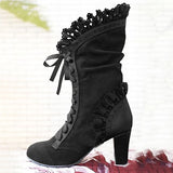 High Heel Faux Suede Lace Up Boots with Ruffles 70