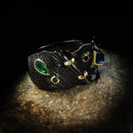 Exaggerated Geometric Black Ring with Green and Blue Cubic Zirconia R69