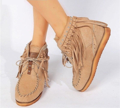 Ankle Height, Round Toe, Flat Bottom With Lace-Up Fringed Boots 88