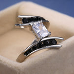 Cubic Zirconia Rectangle Cut with Modern Design Hyperbole Silver Color Ring R47