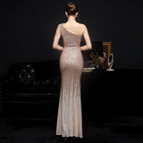 Elegant One Shoulder Slit Gold Sequin Evening Dress 59