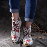 Floral/Insect Painting Motif, PU Leather Splicing Lace-Up Stitching Boots 07