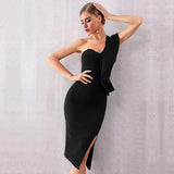 One Shoulder Bandage Sexy Ruffles Midi Bodycon Club Dress 148