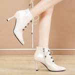 Ankle, Lace Up with Zipper, Thin High Heels Dress Pointed Toe PU Leather Boots 32