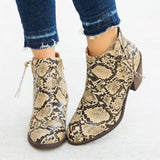 Ankle High Snake, Leopard Style Pattern and Black, Mid Heel Slip-On with Zipper Closure PU Leather or Flock Boots 80