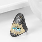 Gun Black Metal Black Beard With Blue Cubic Zirconia Over Gold Metal Ring R18