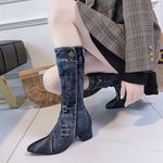 Thick Medium Heel, Pointed Toe, Zipper and Button Closure Plaid Cowboy Denim Boots 84