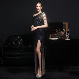 Elegant One Shoulder Slit Gold Sequin Evening Dress 59