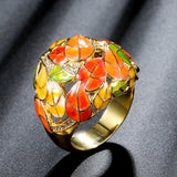 Gold Color Mosaic Enamel Stained Glass look With Cubic Zirconia Ring R35