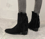 Fashion Fringed Ankle High Low-heeled Pointed Toe Cowboy Knight Flock/PU Leather Boots 85