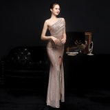 Elegant One Shoulder Slit Gold Sequin Evening Dress 59