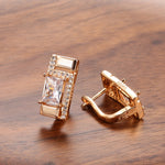 Rose Gold Color Rectangular Cubic Zirconia Latch Back Earrings E24