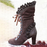 High Heel Faux Suede Lace Up Boots with Ruffles 70