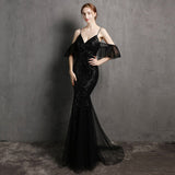 Ruffled Near Elbow, Sexy Sequined Long Evening Dress  91