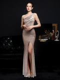 Elegant One Shoulder Slit Gold Sequin Evening Dress 59