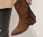 Fashion Fringed Ankle High Low-heeled Pointed Toe Cowboy Knight Flock/PU Leather Boots 85