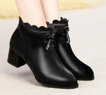 Ankle High Mid Heels, Scalloped Patchwork Black Boots with Zipper Closure 64