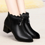 Ankle High Mid Heels, Scalloped Patchwork Black Boots with Zipper Closure 62