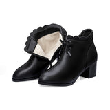 Ankle High Mid Heels, Scalloped Patchwork Black Boots with Zipper Closure 62