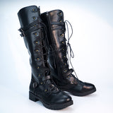 Calf High, Lace Up, Low Heeled Sexy Steampunk PU Leather 3 Retro Belt Straps Boots 63