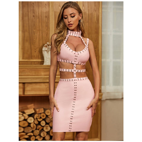 Sexy Sleeveless Halter Top, Riveted Black or Pink Bodycon Dress 152