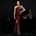 Elegant One Shoulder Slit Gold Sequin Evening Dress 59