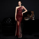 Elegant One Shoulder Slit Gold Sequin Evening Dress 59