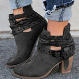 Ankle Strap High Heeled, Zipper Closure Flock Boots with Belt Buckle Strap & Intertwined Ropes 26