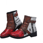 Embossed Floral motif, PU Leather Splicing Low Heel Ankle Boots with Buckle Straps 35