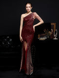 Elegant One Shoulder Slit Gold Sequin Evening Dress 59