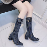 Thick Medium Heel, Pointed Toe, Zipper and Button Closure Plaid Cowboy Denim Boots 84