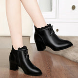 Ankle High Mid Heels, Scalloped Patchwork Black Boots with Zipper Closure 62