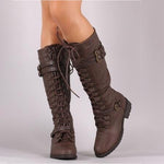 Calf High, Lace Up, Low Heeled Sexy Steampunk PU Leather 3 Retro Belt Straps Boots 63