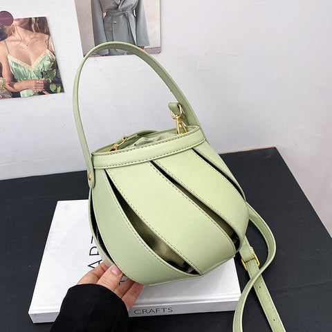 (34S) Luxury High Quality PU Leather Hollow out Geometric Bucket Shoulder Bag for Women