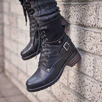 Ankle, Lace Up Motorcycle PU Leather Boots with Buckle 28