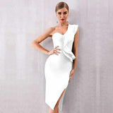 One Shoulder Bandage Sexy Ruffles Midi Bodycon Club Dress 148