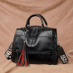 (34) Retro High Quality Leather Wide Shoulder Strap Shoulder Bag with Tassel for Women