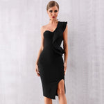 One Shoulder Bandage Sexy Ruffles Midi Bodycon Club Dress 148