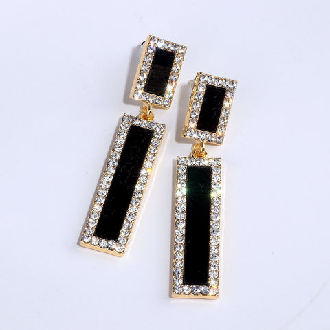 Trendy Gold Color Rectangular Drop Earring with Cubic Zirconia and a onyx Likeness E41