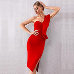 One Shoulder Bandage Sexy Ruffles Midi Bodycon Club Dress 148